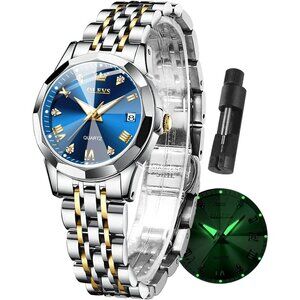 Luxury Silver&Blue dial Stainless Steel Waterproof Ladies Wrist Watch with Date